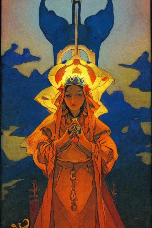 Image similar to child of darkness with their crown and lantern, by Nicholas Roerich and Annie Swynnerton and and Ivan Bilibin, dramatic cinematic lighting , ornate headdress , flowing robes, sacred artifacts, lost civilizations, smooth, sharp focus, extremely detailed