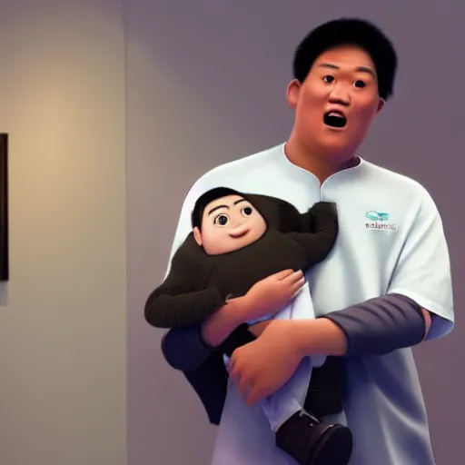 Prompt: shocked asian man holds baby shaquille o ’ neal at hospital, he can ’ t believe his eyes, award winning art, pixar, 3 d render, unreal engine