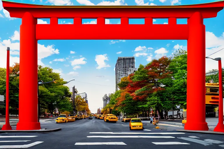 Image similar to Yellow school bus, a red japanese Torii gate, New York location in USA, atomic bomb dropping from the sky, ray tracing, high detail, 4K