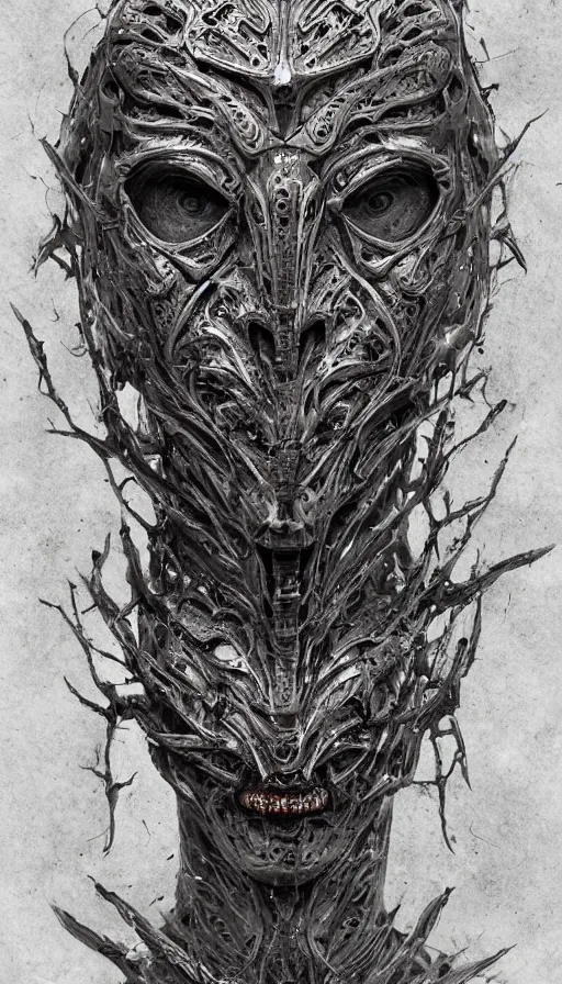 Image similar to ancient biomechanical hybrid slavic thunder god armored head fantasy beautiful human witch face mask tattoo pattern concept, glagolitic glyph, intricate artwork by, Johnatan Wayshak, Zdizslaw Beksinski, Artgerm, H.R. Giger, very coherent artwork, cinematic, hyper realism, high detail, octane render, unreal engine, 8k, High contrast, higly detailed black ink outline, crosshatch sketch gradient