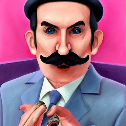 Image similar to 3D portrait of Luigi wearing a pink suit jacket and smoking a cigar, 8k, detailed