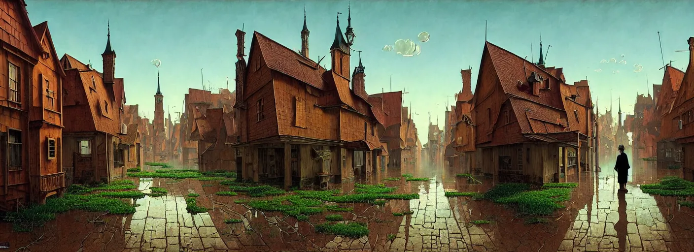 Image similar to flooded! old wooden empty cursed city street, very coherent and colorful high contrast masterpiece by gediminas pranckevicius rene magritte norman rockwell franz sedlacek, full - length view, dark shadows, sunny day, hard lighting, reference sheet white background