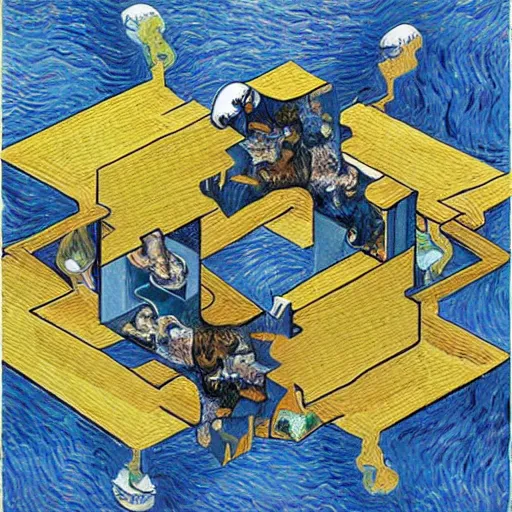 Image similar to the largest prime, mashup between mc escher and vincent van gogh