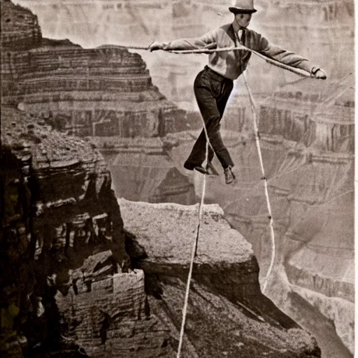 Prompt: man walking a tightrope between grand canyon vintage photo