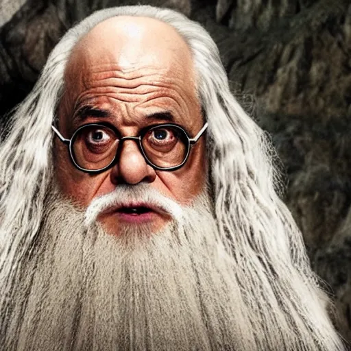 Image similar to movie still of danny devito starring as gandalf the white in the 2 0 2 4 lord of the rings movie, full body, hyper realistic, high quality, wide angle