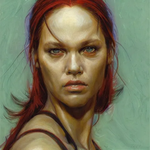 Prompt: frontal portrait of a bulky female survivor in a city, by donato giancola.