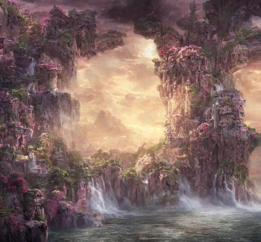 Image similar to beautiful!!! digital painting of a ( ( ( floating cloud kingdom, cloud platforms ) ) ) with an intricate expensive castle and waterfalls!! | dreamy pink!!! sunset!!! intricate civilization, epic rim lighting, dramatic!!!! craig mullins, james jean, octane render, trending on artstation, deviantart, studio level quality, hyperdetailed