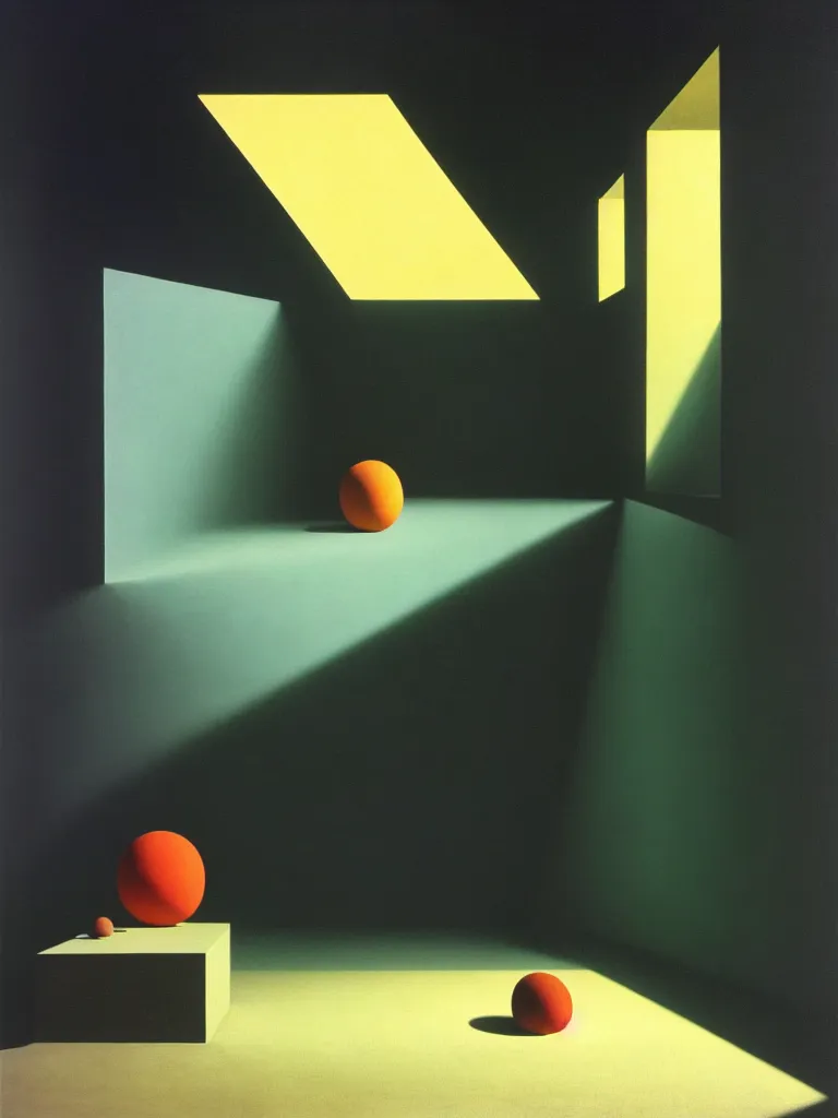 Image similar to hyperrealistic still life wide shot a mind contemplating itself, sacred geometry, light refracting through prisms, by caravaggio, surrealism, vivid colors, serene, golden ratio, rule of thirds, negative space, minimalist composition, by rene magritte and james turrell