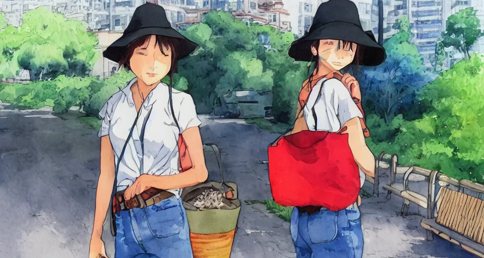 Prompt: cowgirl in bucket hat and dark green skinny jeans and carrying blue bag with red apple print waits at blue metro bus stop totoro watercolor studio ghibli Kazuo Oga painting urban background dappled medium portrait