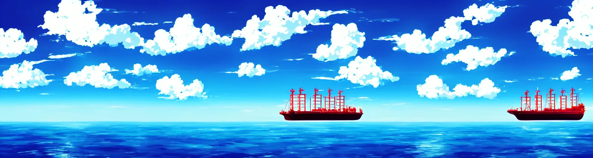 Image similar to in front of clouds, a big ship alone in ocean, clear blue sky background, don't have human, landscape, anime style