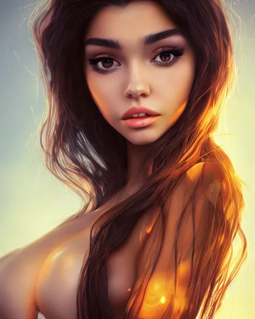 Prompt: beautiful madison beer as honey, made of honey, wearing honey, award winning creature portrait photography, extremely detailed, artstation, 8 k, sensual lighting, incredible art, wlop, artgerm, backlit, rim lighting