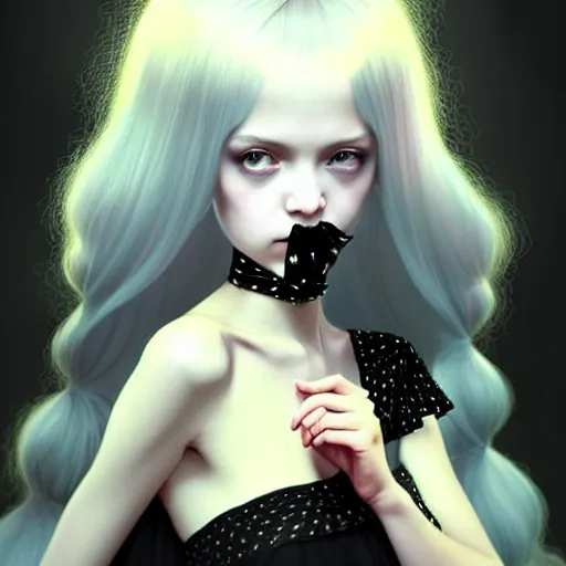 Prompt: beautiful goth princess, very cute features, brilliant glittering hair, universal volumetric lighting, soft glow, russian slasher film painting by range murata, norman rockwell, artgem, wes anderson, highly detailed intricately sharp focus, trending on pinterest, unreal engine 5 4 k uhd image