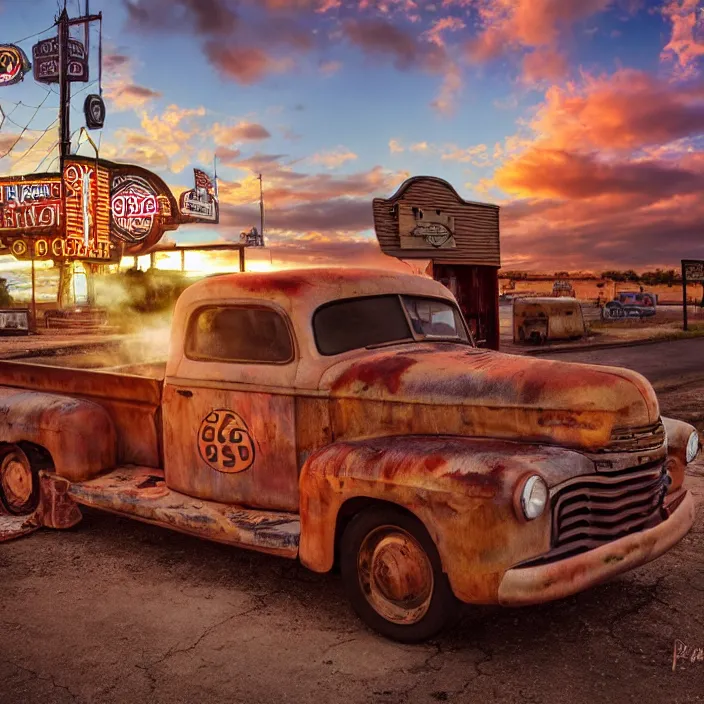 Image similar to a sunset light landscape with historical route 6 6, lots of sparkling details and sun ray ’ s, blinding backlight, smoke, volumetric lighting, colorful, octane, 3 5 mm, abandoned gas station, old rusty pickup - truck, beautiful epic colored reflections, very colorful heavenly, softlight