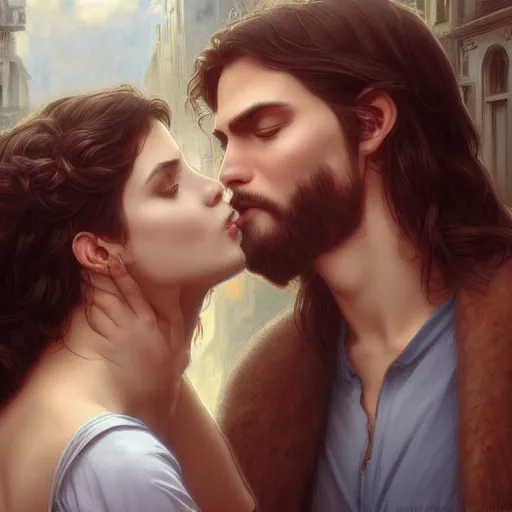 Image similar to jesus kissing a woman in a street, elegant, highly detailed, digital painting, artstation, concept art, matte, sharp focus, highly detailed, 4 k, hdr, smooth, sharp focus, high resolution, award - winning photo, photorealistic, art by artgerm and greg rutkowski and alphonse mucha, large shot