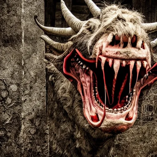 Prompt: horror, highly detailed photography, wide shot, mutated goat monster demon with huge mouth open to reveal filthy crocodile - like teeth, matted fur, in muddy medieval village, howling, screeching