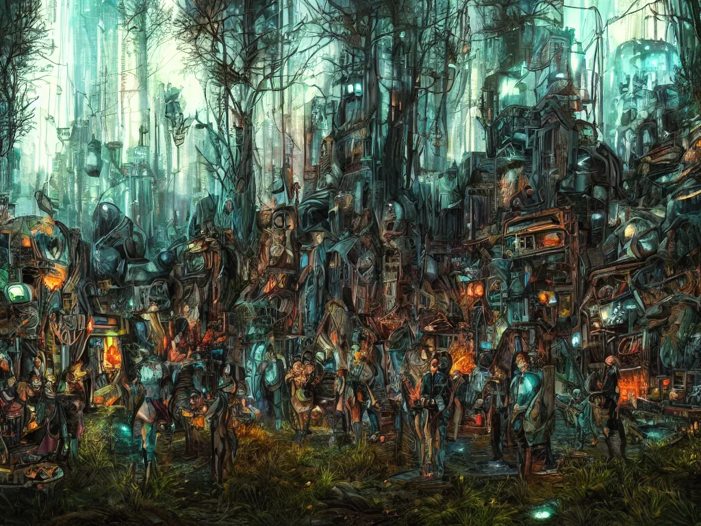 Image similar to a photo of a mystical cyberpunk tribe gathering at a magical location in the forest lit by fire extreme wide angle