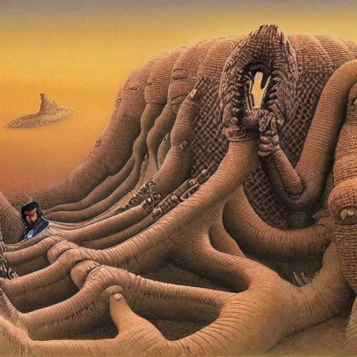 Image similar to !dream political propaganda of sandworm from Dune with the face of Joe Biden Joe Biden Joe Biden!!!!!!!!!!!!!!!!!!!!!!!!!!!!!!!, by Beksinski