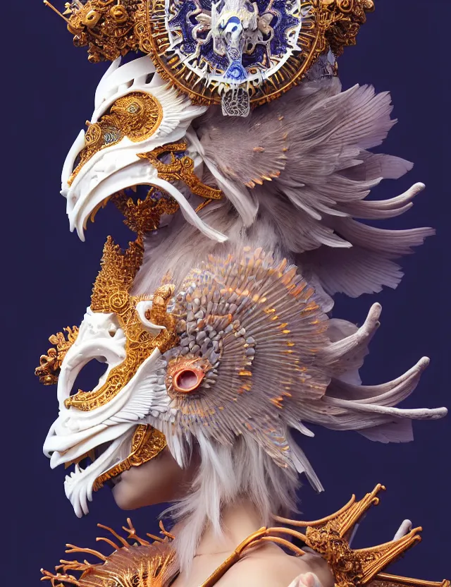 Image similar to 3 d goddess close - up profile portrait with crown, ram skull. beautiful intricately detailed japanese crow kitsune mask and clasical japanese kimono. betta fish, jellyfish phoenix, bio luminescent, plasma, ice, water, wind, creature, artwork by tooth wu and wlop and beeple and greg rutkowski