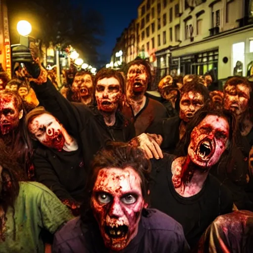 Image similar to zombies crowding the streets, drinking beer, in kreuzberg, at night