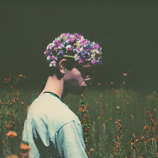 Image similar to kodak portra 4 0 0 photograph of a skinny goth guy standing far back in a field of flowers, wearing bandana on face, moody lighting, telephoto, 9 0 s vibe, blurry background, vaporwave colors, faded!,