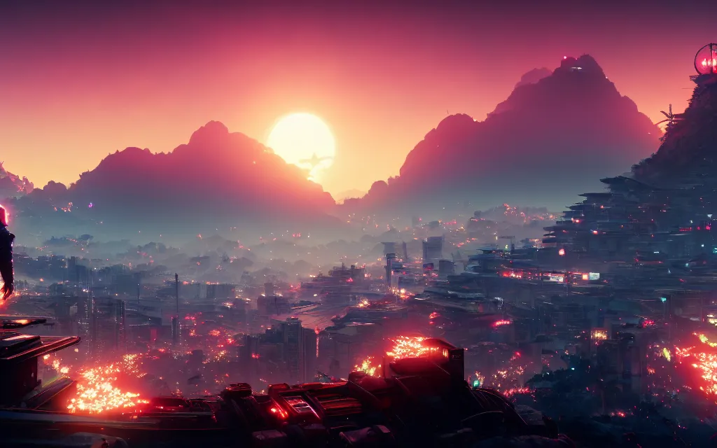 Prompt: sakura in the middle of the screen lit by the sun stands on a mountain from behind cyberpunk city, cyberpunk 2 0 7 7, city, wallpaper for monitor, cinematic view, concept art, high detail, 4 k, by jordan grimmer, art greg rutkowski, ivan aivazovsky, ruan jia, reza afshar, marc simonetti