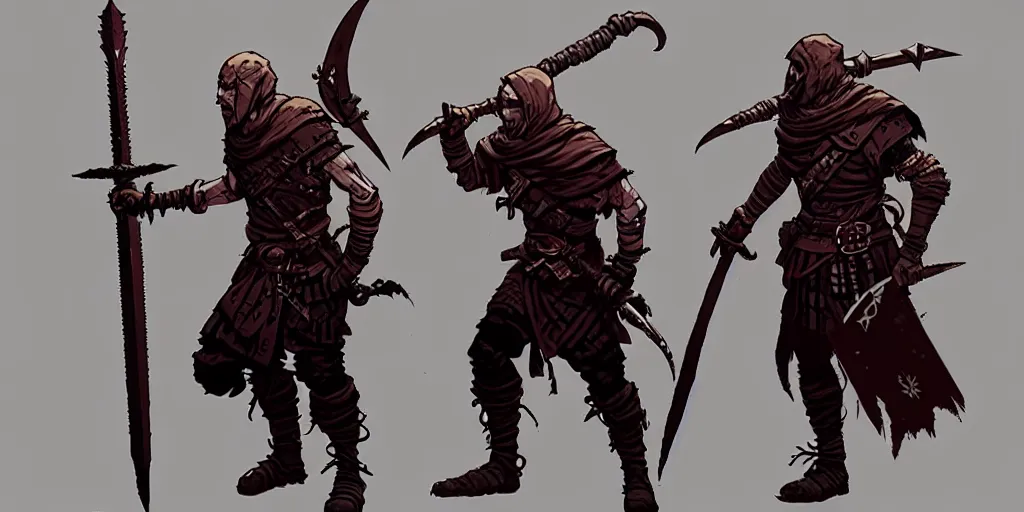 Image similar to warrior character design, idle pose, sword, sprite, darkest dungeon, pc game, sideview, art by moebius and greg rutkowski.