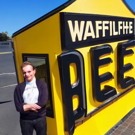 Image similar to wafflehouse employee's standing below wafflehouse sign