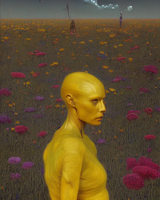 Image similar to A portrait of a woman wearing clothes made out of dying flowers, nuclear explosion in the background, Masterpiece, yellow skin, glowing, wires everywhere, by Edgar Maxence and Ross Tran, Zdzisław Beksiński, and Michael Whelan, distant, gustav dore, H.R. Giger, 8k, octane render