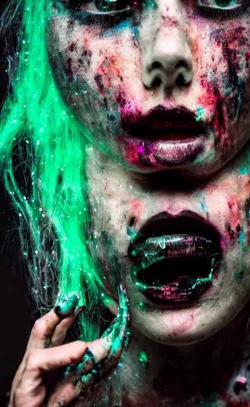 Image similar to grungy woman with luminescent paint flowing out of her mouth, dark, horror, cinematic, Sony a7R IV, symmetric balance, polarizing filter, Photolab, Lightroom, 4K, Dolby Vision, Photography Award