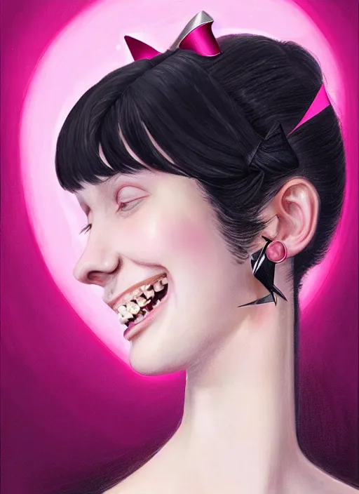 Image similar to portrait of high school girl, realistic, black hair, bangs, half updo hairstyle, pointy nose, skinny, smile, ugly, defined jawline, big chin, pink hair bow, earrings, intricate, elegant, glowing lights, highly detailed, digital painting, artstation, sharp focus, illustration, art by wlop, mars ravelo and greg rutkowski