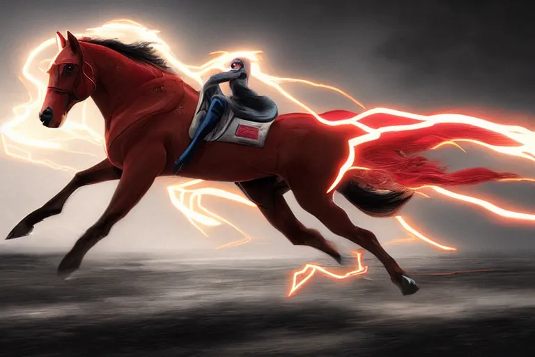 Image similar to a stunning digital painting of a horse as the flash in spandex costume, running in the speedforce by greg rutkowski, volumetric light, digital art, fine detail, photorealistic