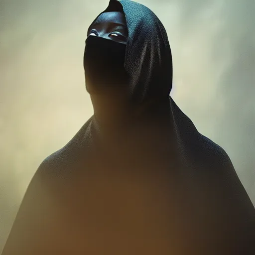 Image similar to a portrait of a young black woman wearing a long dark cloak, hood and shadows covering face, oil painting, matte painting, black background, Volumetric Golden dappled dynamic lighting, Highly Detailed, Cinematic Lighting, Unreal Engine, 8k, HD, by Beksinski