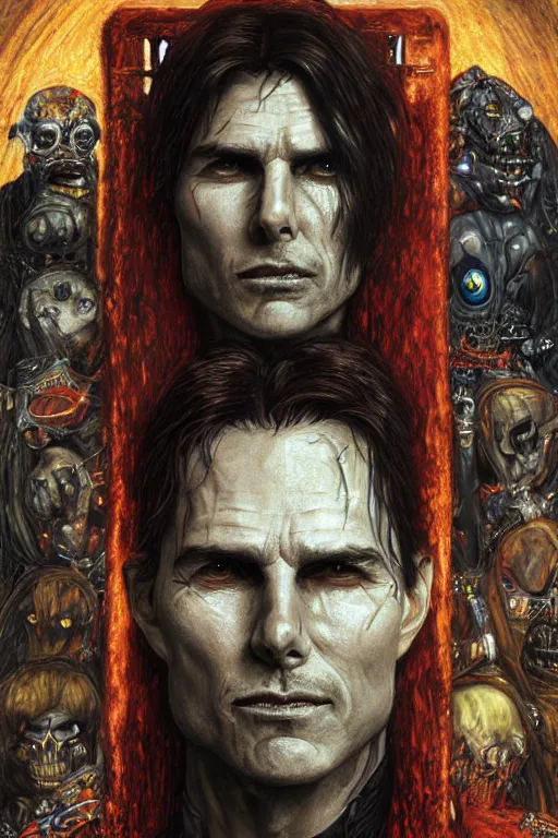 Image similar to portrait of demonic gothic Tom Cruise holy priest, cyberpunk, Warhammer, highly detailed, artstation, illustration, art by Gustav Klimt