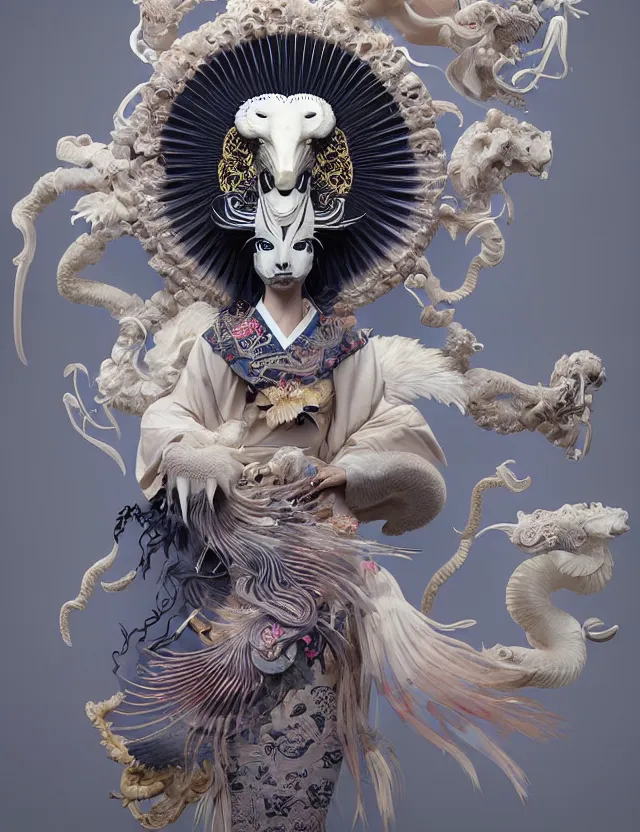 Image similar to 3 d goddess half - turn portrait with ram skull. beautiful intricately detailed japanese crow kitsune mask and clasical japanese kimono. betta fish, jellyfish phoenix, bio luminescent, plasma, ice, water, wind, creature, artwork by tooth wu and wlop and beeple and greg rutkowski