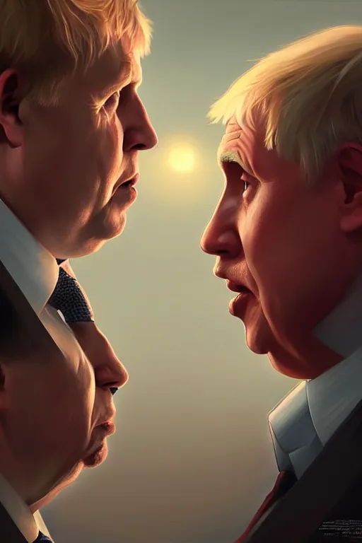 Image similar to Boris Johnson vs Putin face to face, highly detailed, digital painting, artstation, concept art, smooth, sharp focus, illustration, cinematic lighting, art by artgerm and greg rutkowski and alphonse mucha