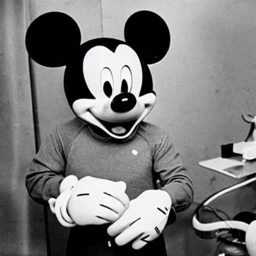 Image similar to photo of mickey mouse ’ s autopsy, black and white, wide angle