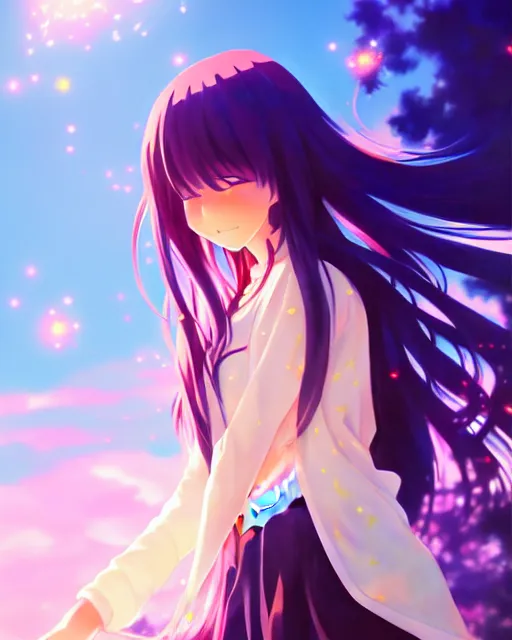 Image similar to anime style, vivid, expressive, full body, 4 k, painting, a cute magical girl with a long wavy black hair, stunning, realistic light and shadow effects, centered, simple background, studio ghibly makoto shinkai yuji yamaguchi