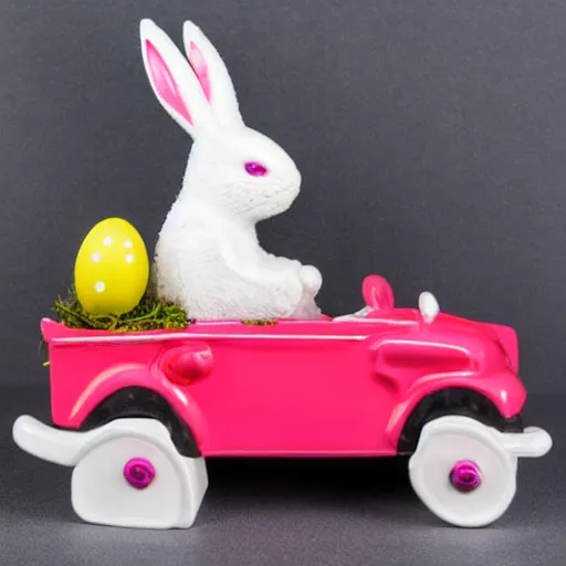 Image similar to easter bunny riding a convertible, studio photo, high quality