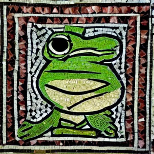 Prompt: ancient roman mosaic of pepe the frog