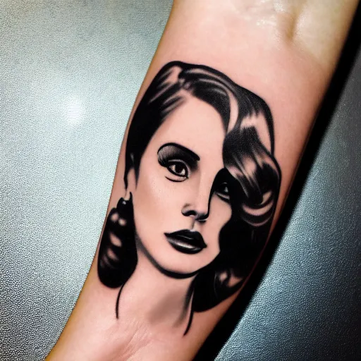 Image similar to Lana del rey tattoo design, photorealistic, dramatic