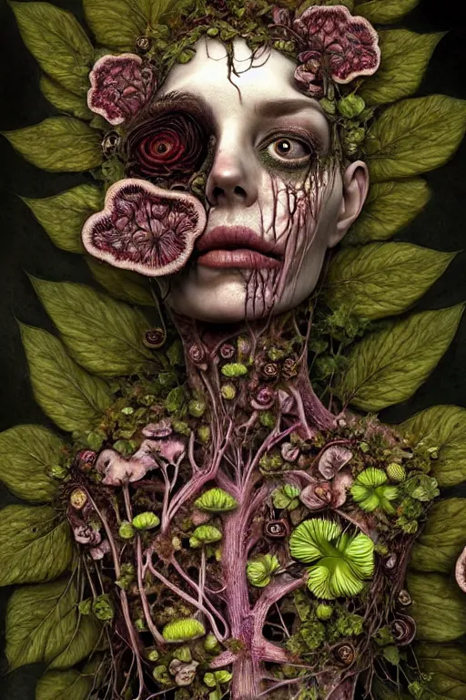 Image similar to beautiful and detailed rotten woman corpse with fractal plants and fractal flowers and mushrooms growing around, face muscles, veins, arteries, intricate, ornate, surreal, ray caesar, john constable, guy denning, dan hillier