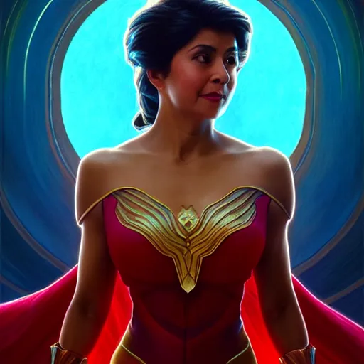 Image similar to leni robredo as darna, volumetric lights, red and cyan theme, art nouveau botanicals, intricate, highly detailed, digital painting, artstation, concept art, smooth, sharp focus, cinematic, illustration, beautiful face, art by artgerm and greg rutkowski and alphonse mucha