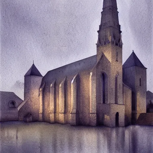 Prompt: realistic extremely detailed watercolor painting portrait of church, dusk, elegant, moody muted colors, Paul klee, octane render, 4k