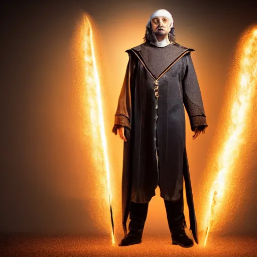 Image similar to a male wizard, glowing, frontal view, cool looking, high resolution