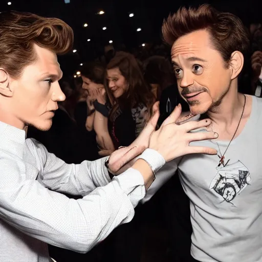 Prompt: tom holland tries to help robert downey jr.