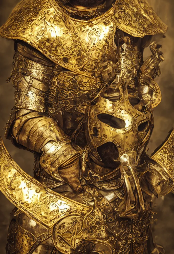 Prompt: man in decorated medieval baroque style armor and helmet and big golden cross on his chest rennaisance art style high resolution high detail 4k