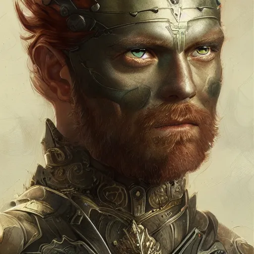 Image similar to renaissance green eyed ginger, middle aged, balding, king, riccardo scamarcio, art by artgerm and greg rutkowski and magali villeneuve, intricate renaissance armor, portrait, highly detailed, digital painting, trending on artstation, concept art, sharp focus, illustration