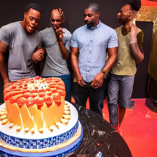 Image similar to several black guys surrounding a big cake. ultra realistic.