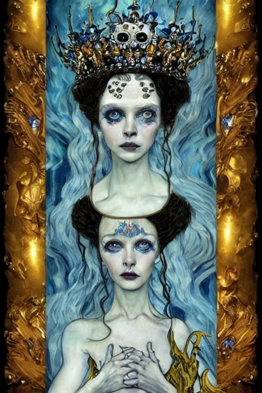 Image similar to The Princess of Bones by Karol Bak, Jean Deville, Gustav Klimt, and Vincent Van Gogh, portrait of a porcelain princess wearing a crown, porcelain ball-joint doll face with blue painted tattoos, pale blue eyes, mystic eye, otherworldly, crown made of bones, ornate jeweled crown, skulls, fractal structures, arcane, inscribed runes, infernal relics, ornate gilded medieval icon, third eye, spirals