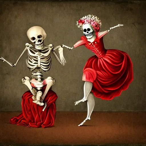 Prompt: two female skeletons dancing over a lovely corpse, cabaret theater, red and white flowers, spotlight, renaissance, baroque, Marie Antoinette, beautiful, haunting